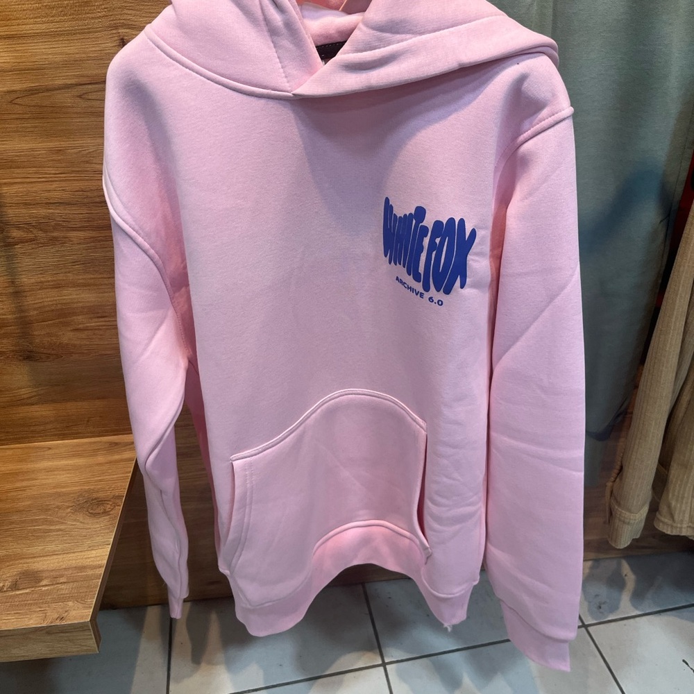 White Fox Boutique Pink Hoodie with Blue Logo